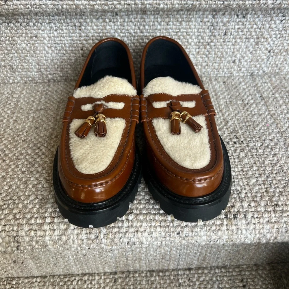Celine Margaret Triomphe Tan Leather Shearling Loafers with Tassel 38 - Picture 7 of 7